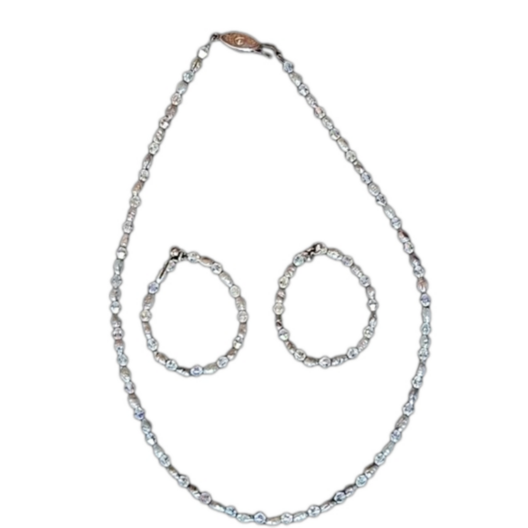 Vintage Silver Seed Pearl & Crystal Beaded Necklace & Hoop Earring Set – 2-Piece - Picture 1 of 4